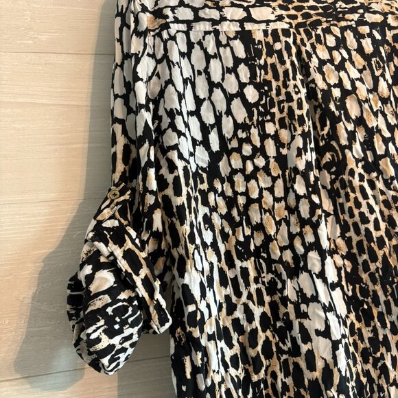 Calvin Klein Black Beige Animal Print Long Roll Tab Sleeves Buttons Up Shirt - Picture 6 of 7